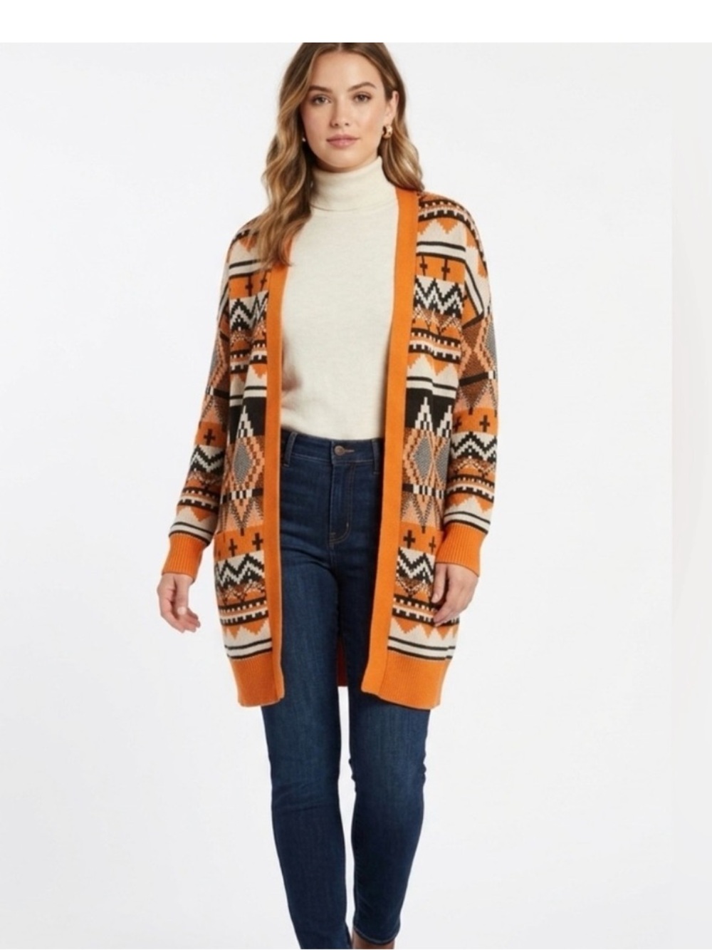 Serra‎ Orange Black Aztec Tribal Design Long Line Cardigan Sweater L Pockets